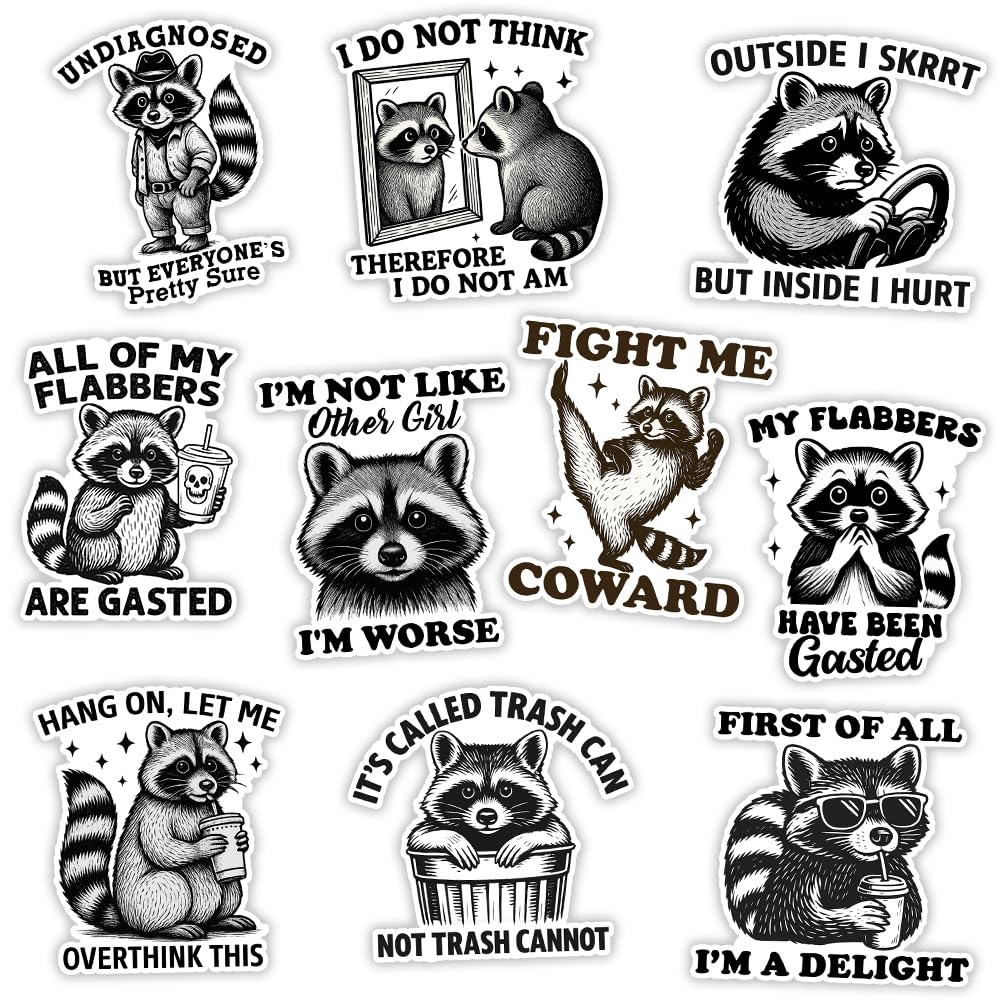 MAIANEY [10Pcs, 3"x3"] Funny Raccoon Sticker, Animal Lover Raccoon Gift, Sarcastic Humor Sticker, Waterproof Vinyl Decal, Gifts Decorations for Hard Hat Laptop Water Bottle Phone Tumbler Window