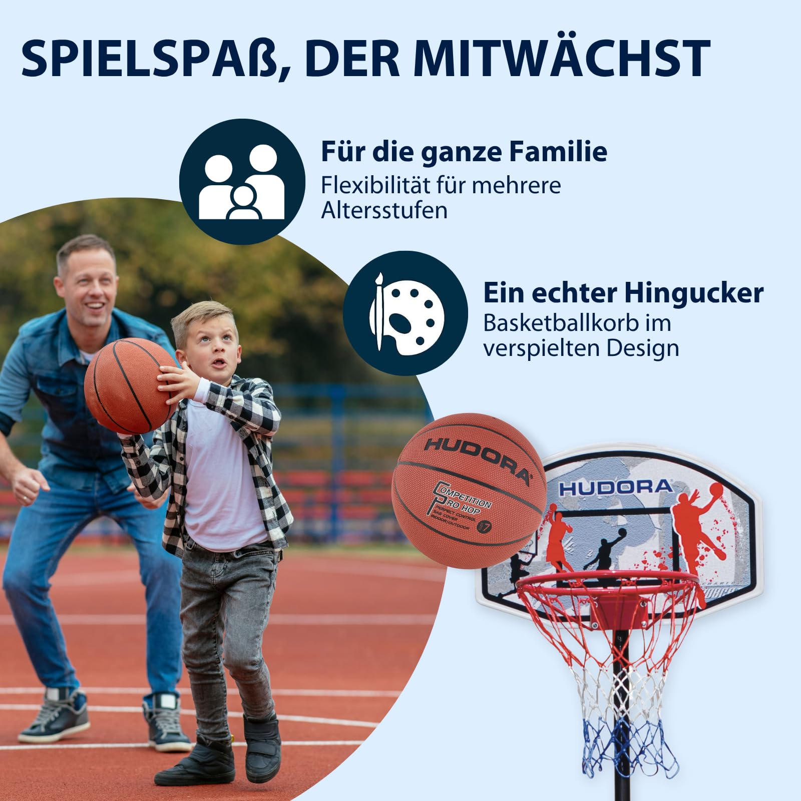 HUDORA Basketballständer All Stars 205 - höhenverstellbarer Basketballkorb mit Ständer für Kinder und Jugendliche - Mobiler Outdoor Korb für den Garten - mit Rollen und Standfuß