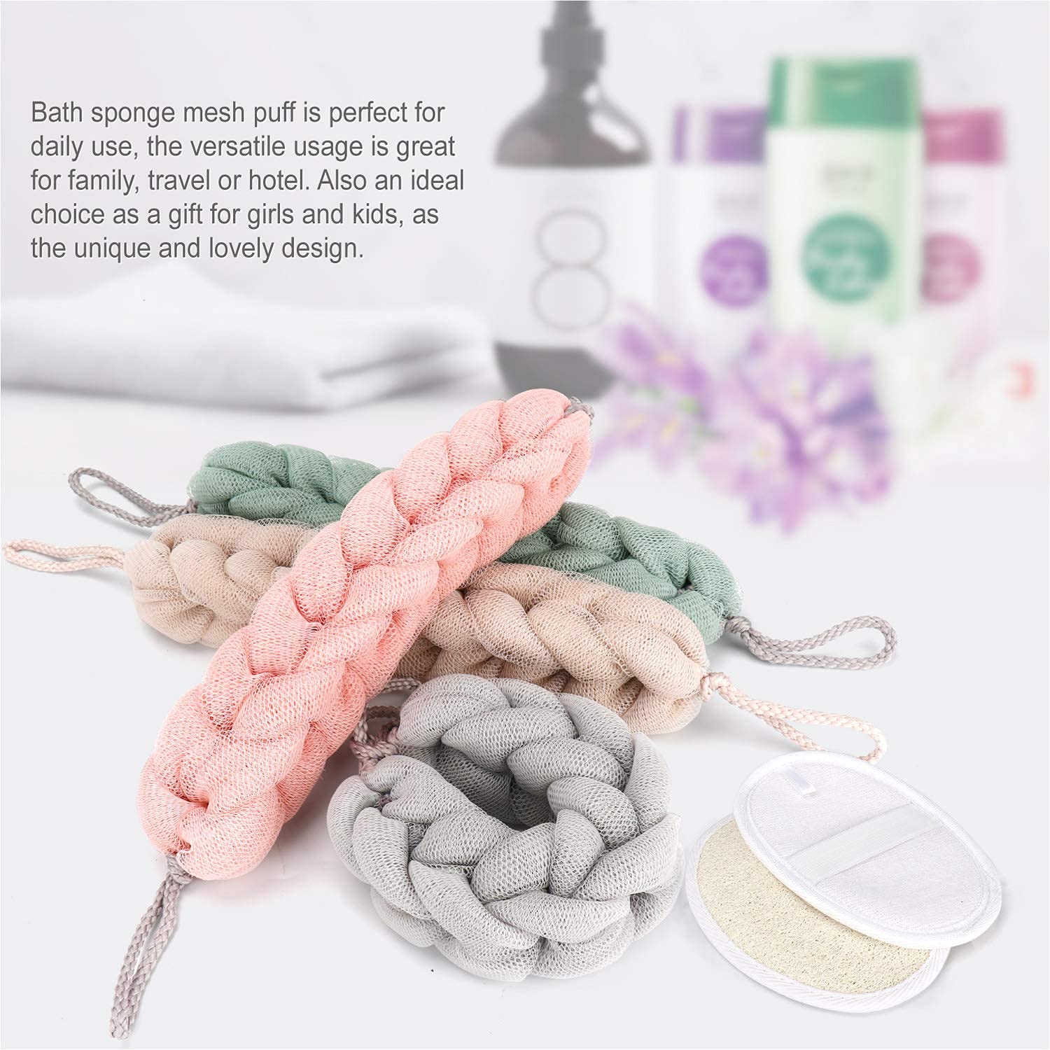 LSIWMSK 3 Pack Long Bath Loofahs Stretchable Braided Mesh Exfoliating Loofah Back Scrubber Ball Body Bath Shower Sponge 3 Colors (3 x Bath Sponge + 2 x Loofah Pad) : Beauty & Personal Care