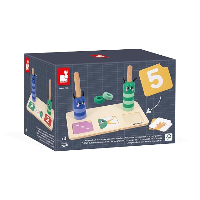 Janod - Gama Pedagogía - Componer y Comparar Números - 23 Accesorios de Madera FSC + 33 Cartas