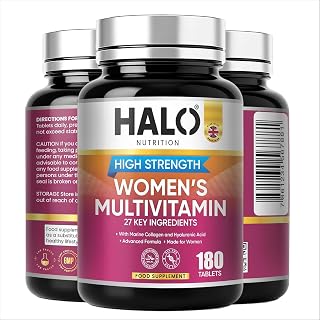 Halo Nutrition Women's Multivitamin Tablets 180 Count - High Strength Daily Vitamins & Minerals with Marine Collagen, Hyaluronic Acid, Biotin, Zinc & Iron - Immune, Energy, Hair, Skin & Nail Support