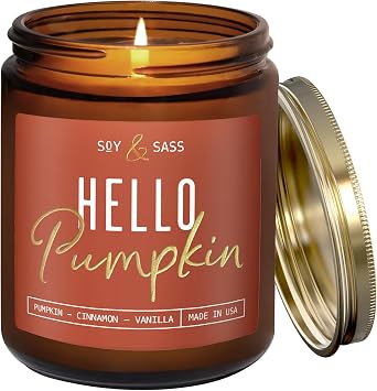 Pumpkin Spice Candle, Fall Candles - Hello Pumpkin Pumpkin Candle, Autumn Scented Soy Candles for Home, Fall Scented Candles for Home Decor, 9oz Reusable Jar, 50Hr Burn, Made in USA