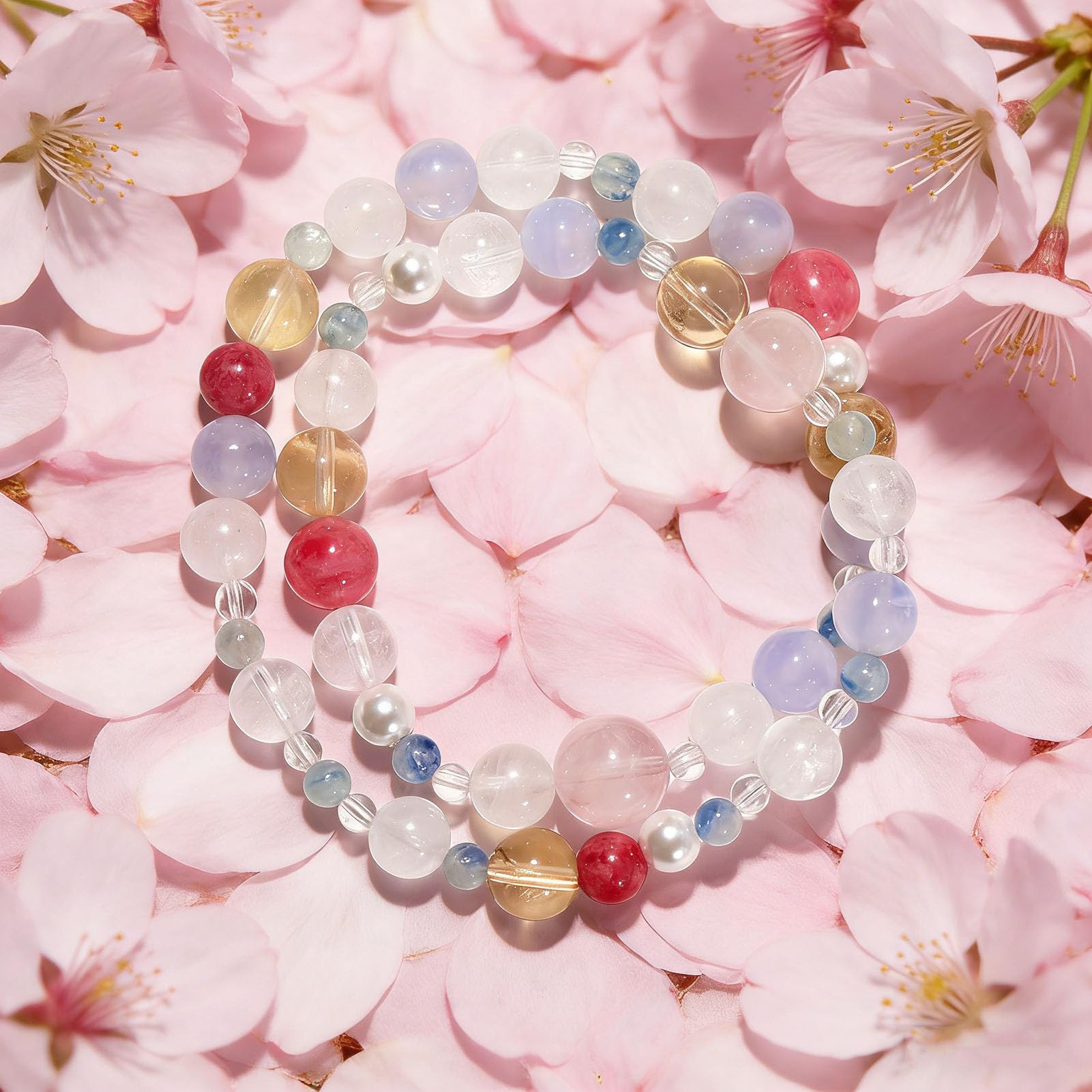 Bracciale in Cristallo Blu, Quarzo Rosa Rosa e Quarzo Trasparente – Gioielli con Pietre preziose multipietra per la Comunicazione Calma, L'Amore per se Stessi e l'amplificazione