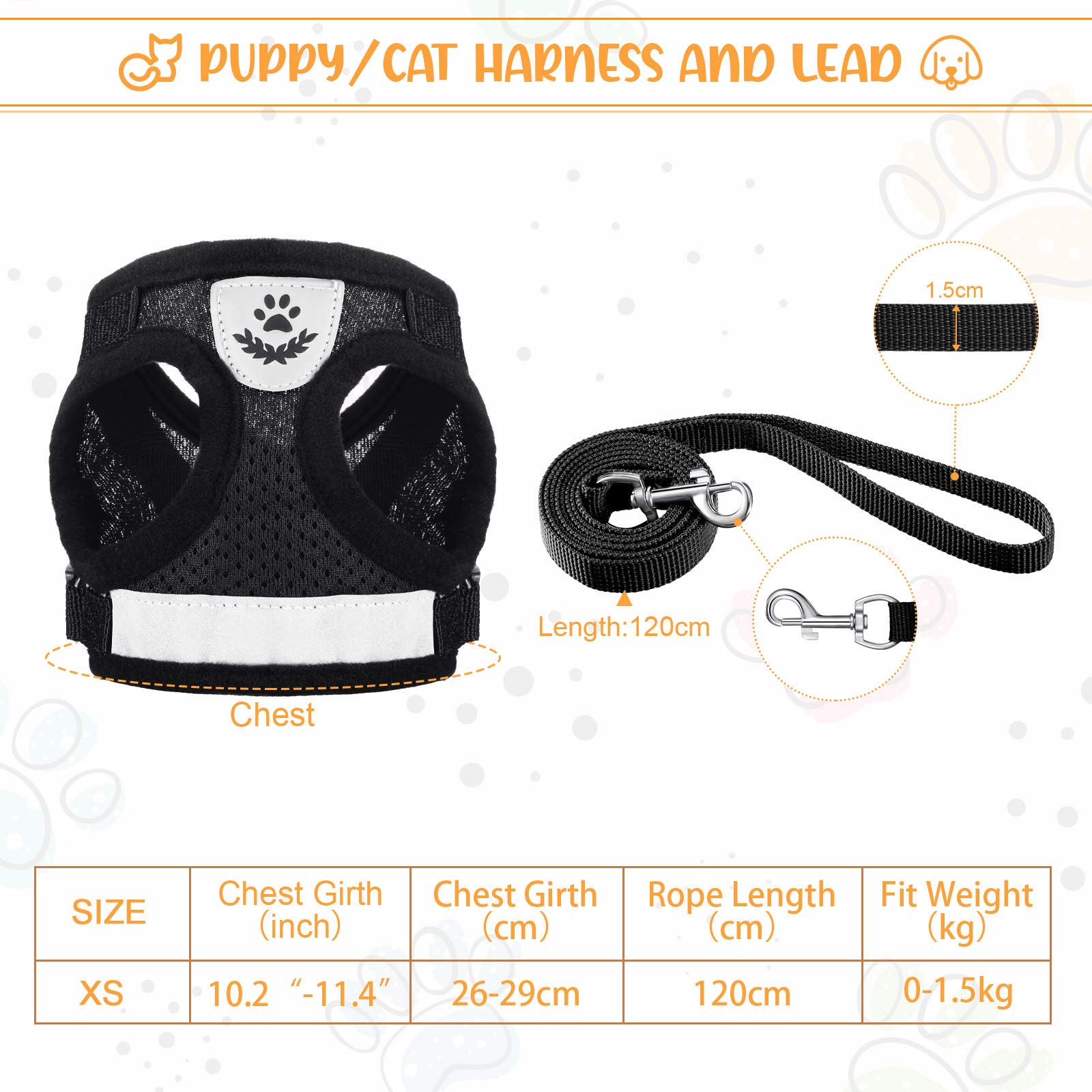 Set Pettorina e Guinzagli per Cuccioli/Gatti Imbracature per Gilet Regolabili in Maglia Morbida a Prova di Fuga Fascia Toracica in Rete Traspirante per Animale Passeggiate, XS (Nero)