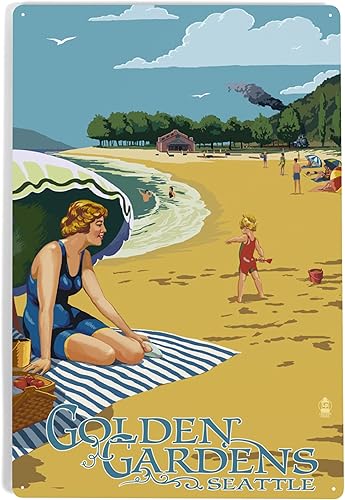 Lantern Press Letrero de metal de 12 x 18 pulgadas, Ballard, Seattle, Washington, escena de playa de Golden Gardens