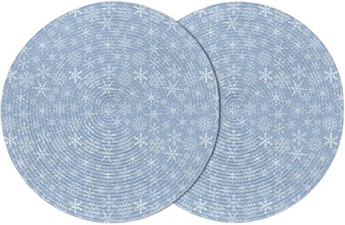 Set of 2 Placemats for Dining Table, Snowflake Christmas Blue 15 Inch Decorative Round Braided Place Mat for Kitchen Living Room Parties Home Decor