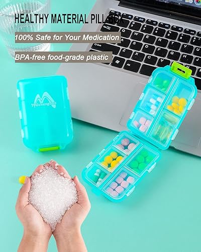 Miniatura 6 de Paquete de 1 organizador de píldoras de viaje para farmacia, 10 compartimentos, pequeño pastillero plegable sin BPA, contenedor de píldoras diario