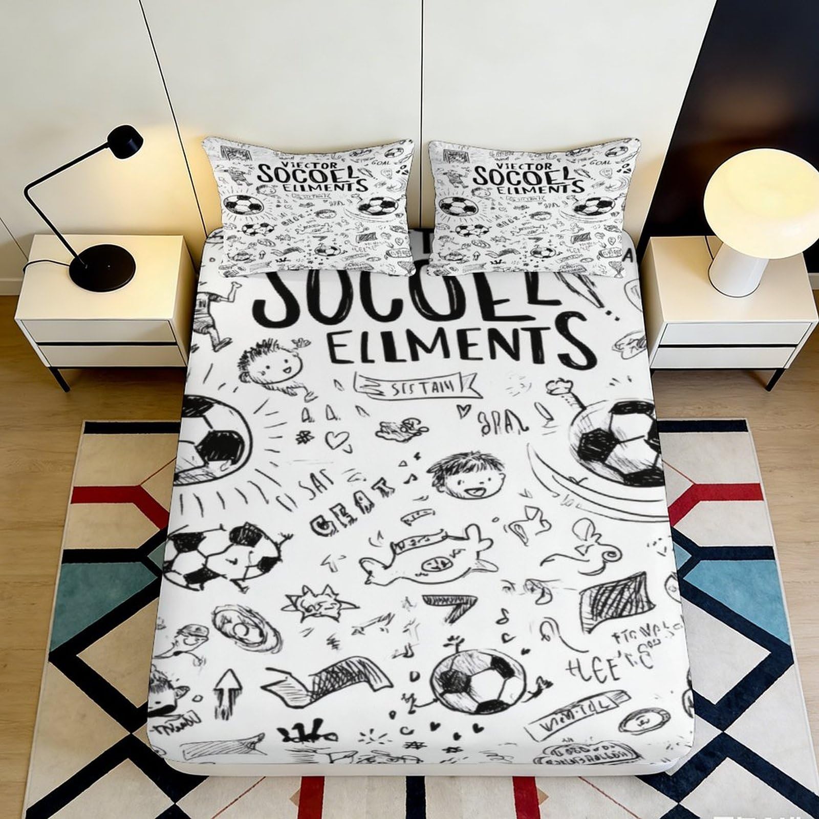3D Printed Soccer Elements Fitted Sheet Microfiber Soft Breathable Football Bed Cover for Bedroom Dorm Decor 90x200x25cm