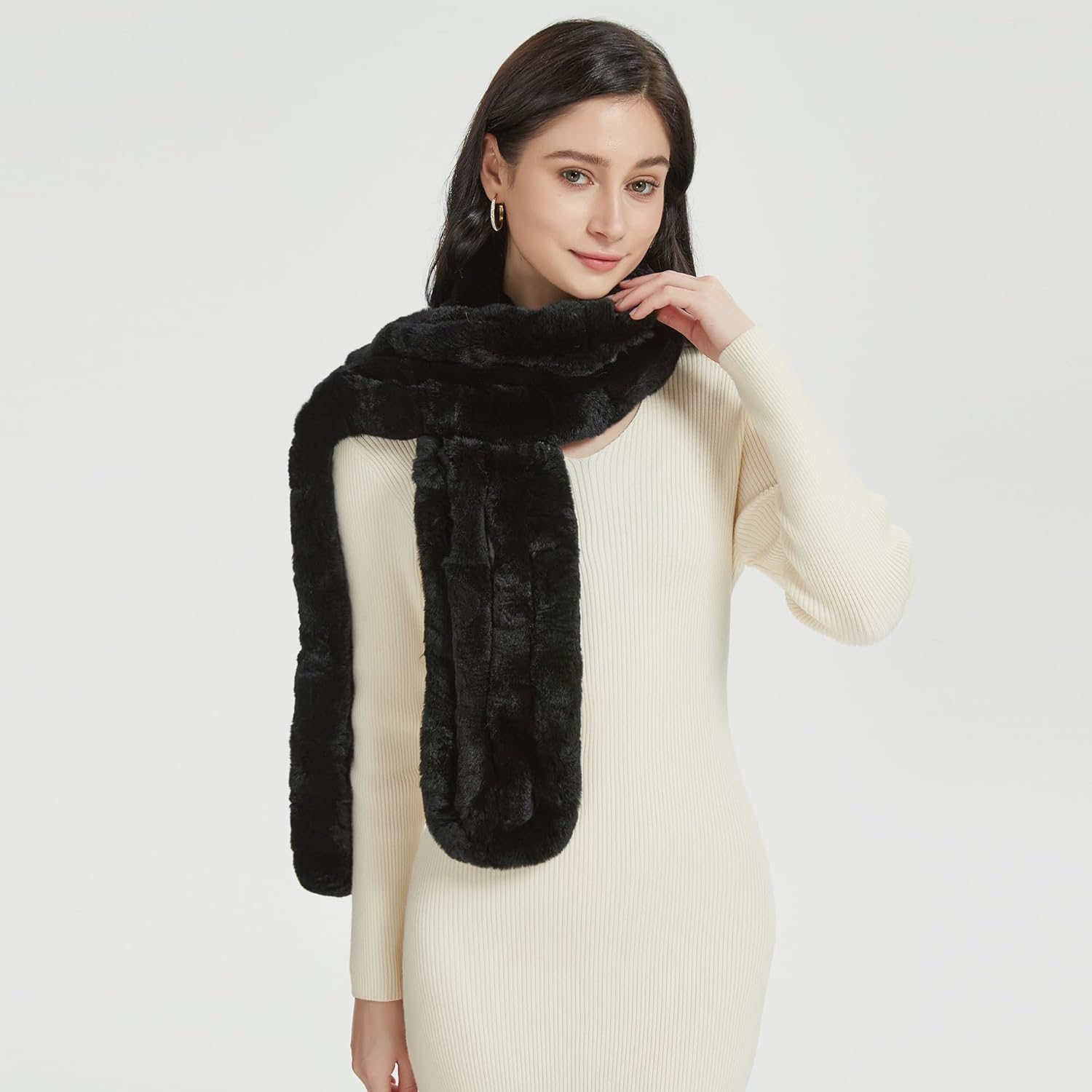 Fur Story Women's Rex Rabbit Fur Winter Scarf Knitted Chunky Fashion Ladies Scarves Silver Black Brown - Image 2