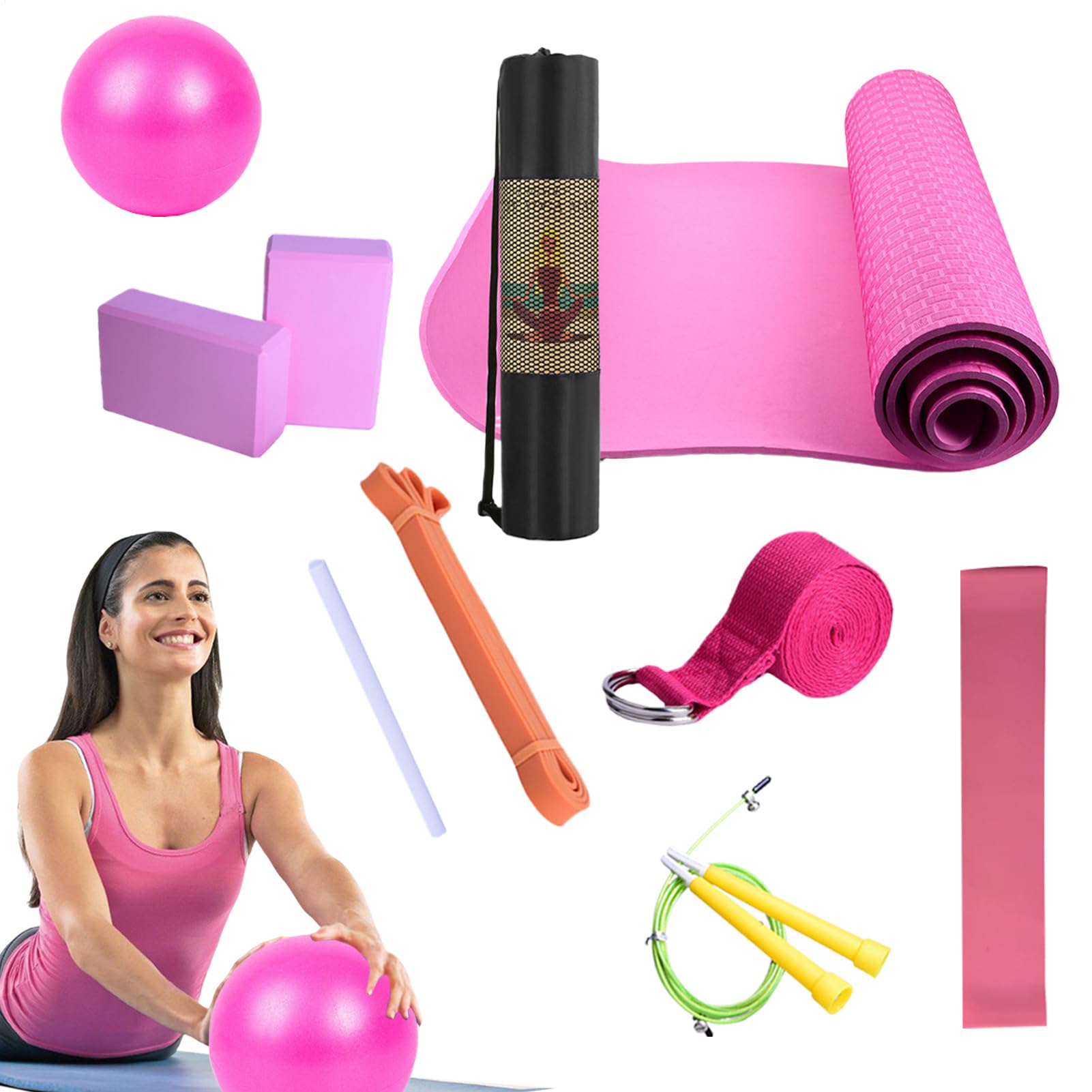 Kit de yoga – Kit de látex de 72 pulgadas – Paquete de fitness en casa con bloque de esteras, bandas de pelota, anillo, bolsa de malla ajustable, equipo portátil ligero para principiantes