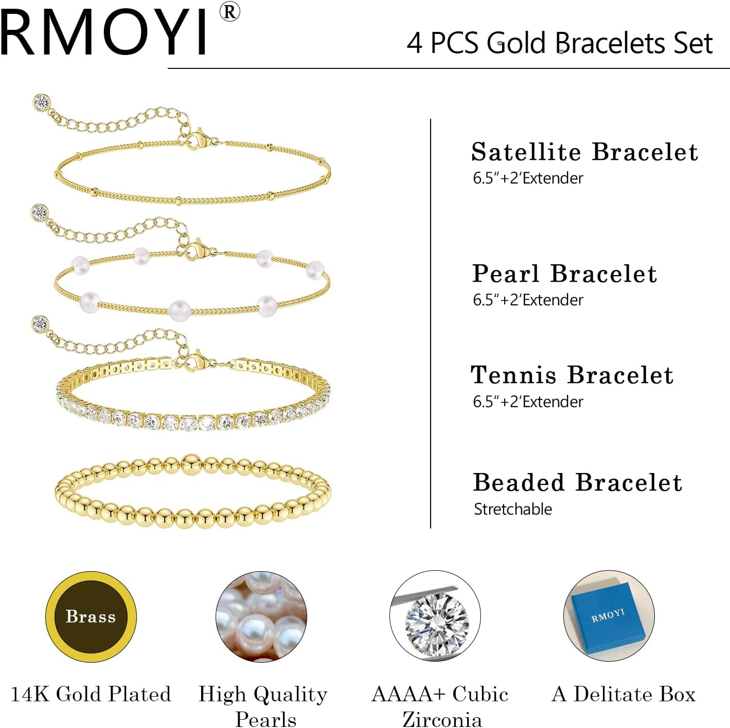 Pearl Bracelets for Women Tennis Bracelet Dainty 14K Gold/Silver Plated Beaded Bracelets for Women Cubic Zirconia Bracelet Stack Pearl Jewelry Set - Image 4