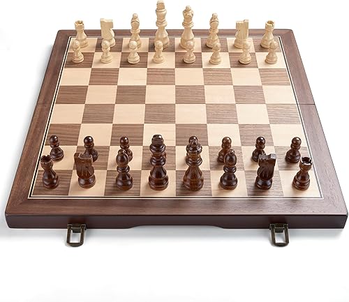 Miniatura 3 de AMEROUS Juego de ajedrez magnético de madera de 15 pulgadas para adultos y niños, con tablero plegable, paquete de regalo, ranuras de almacenamiento