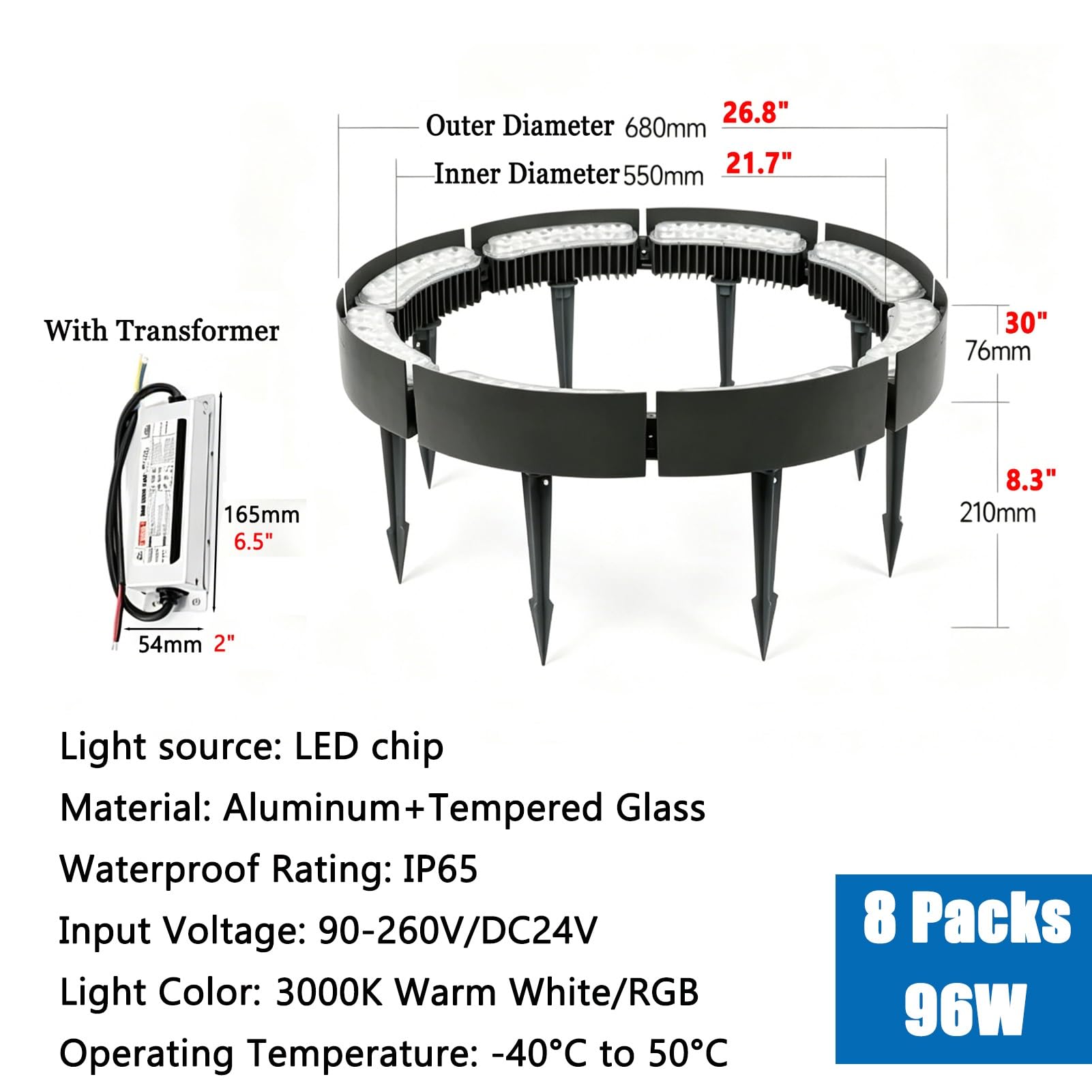 Luces De Árbol De Anillo Para Exteriores Con Transformador, DC24V | Focos De Paisaje Exterior Impermeables, De Bajo Voltaje, Con Estaca, Flexibles, Desmontables(Warm White,8 Packs)