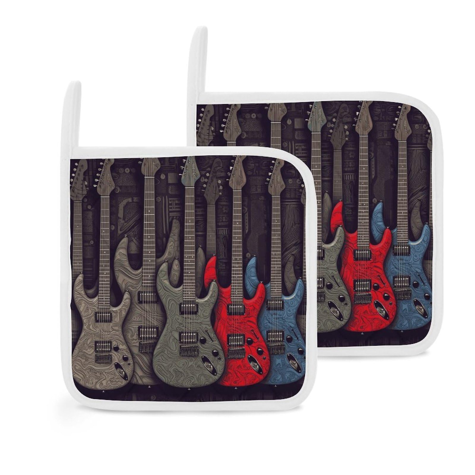 Btcowzrv Style Guitar Pattern 2 Pack Pot Holders For Kitchen, Heat Resistant Potholder Set With Hanging Loops, Hot Pads For Oven Baking Cooking