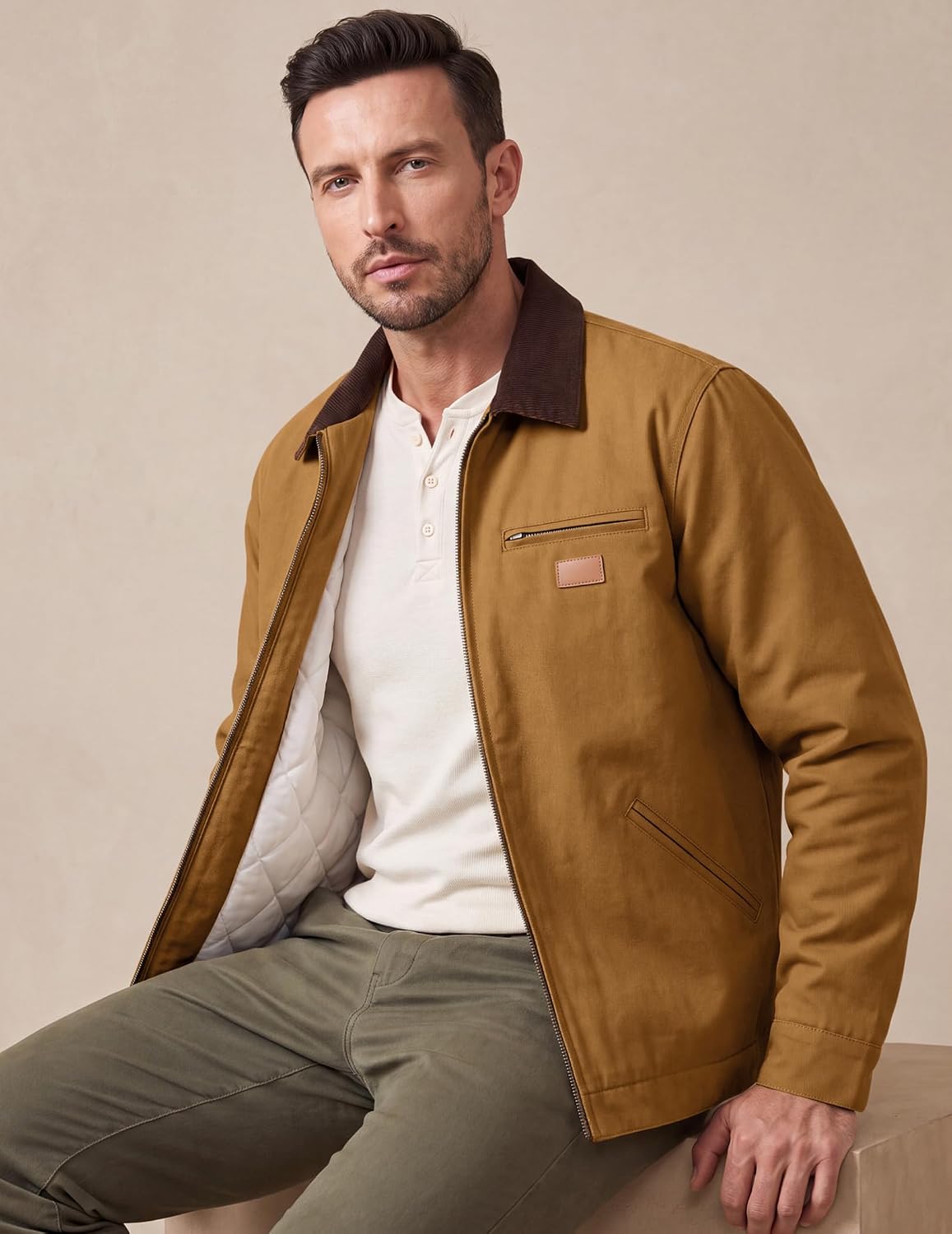 JMIERR Mens Cotton Canvas Quilted Lined Ribbed Collar Work Jacket