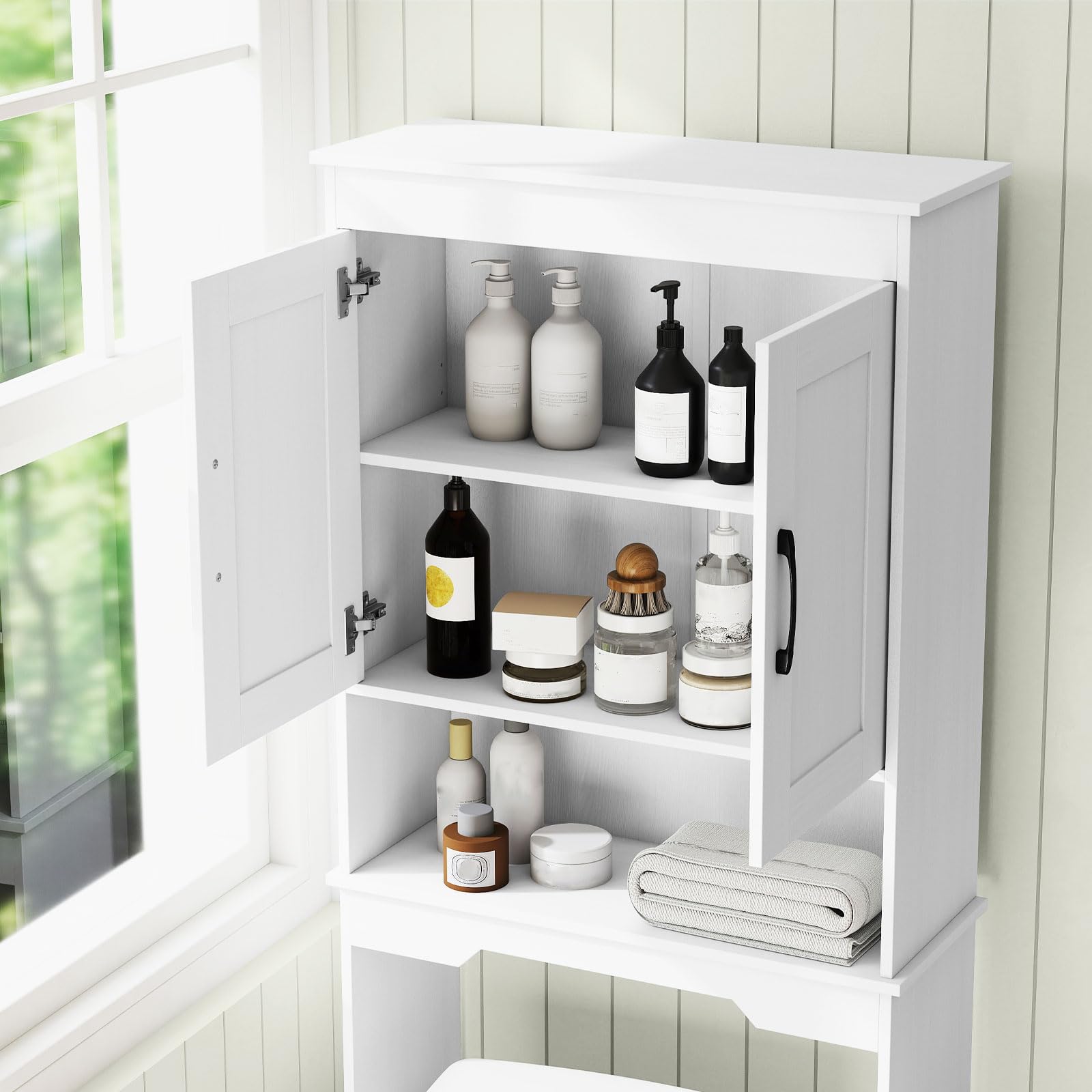 COSTWAY Armario sobre Inodoro, Organizador de Baño Independiente con 2 Puertas y Estante Ajustable, Ahorrador de Espacio sobre el Inodoro para Baño, Lavadero, 63 x 24 x 168 cm, Blanco