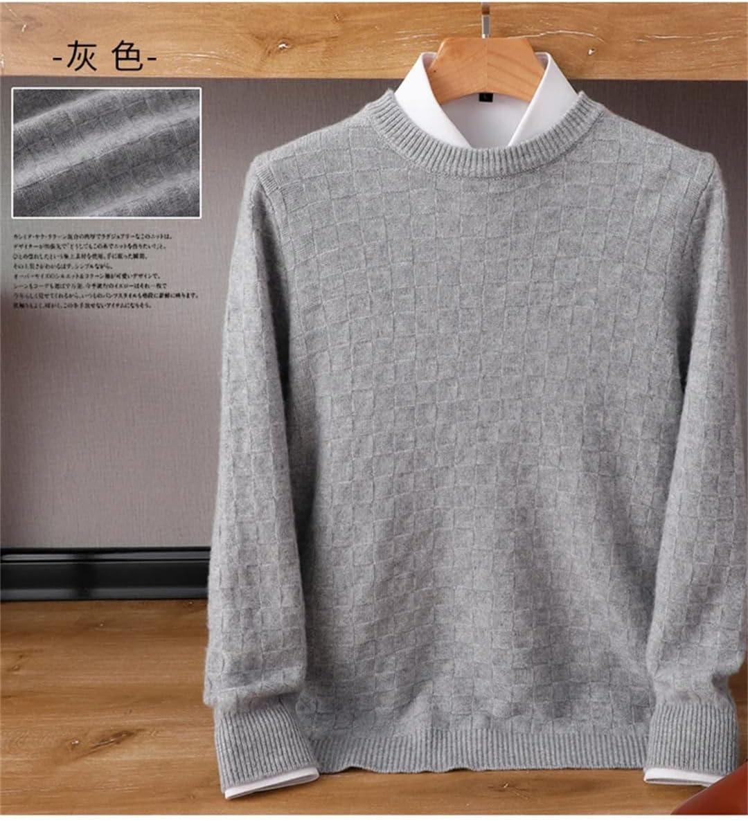 Men 100% Wool Sweater Shirt Warm Wild O-Neck Knit Pullover Solid Cashmere Sweater Golden khaki9 XXL