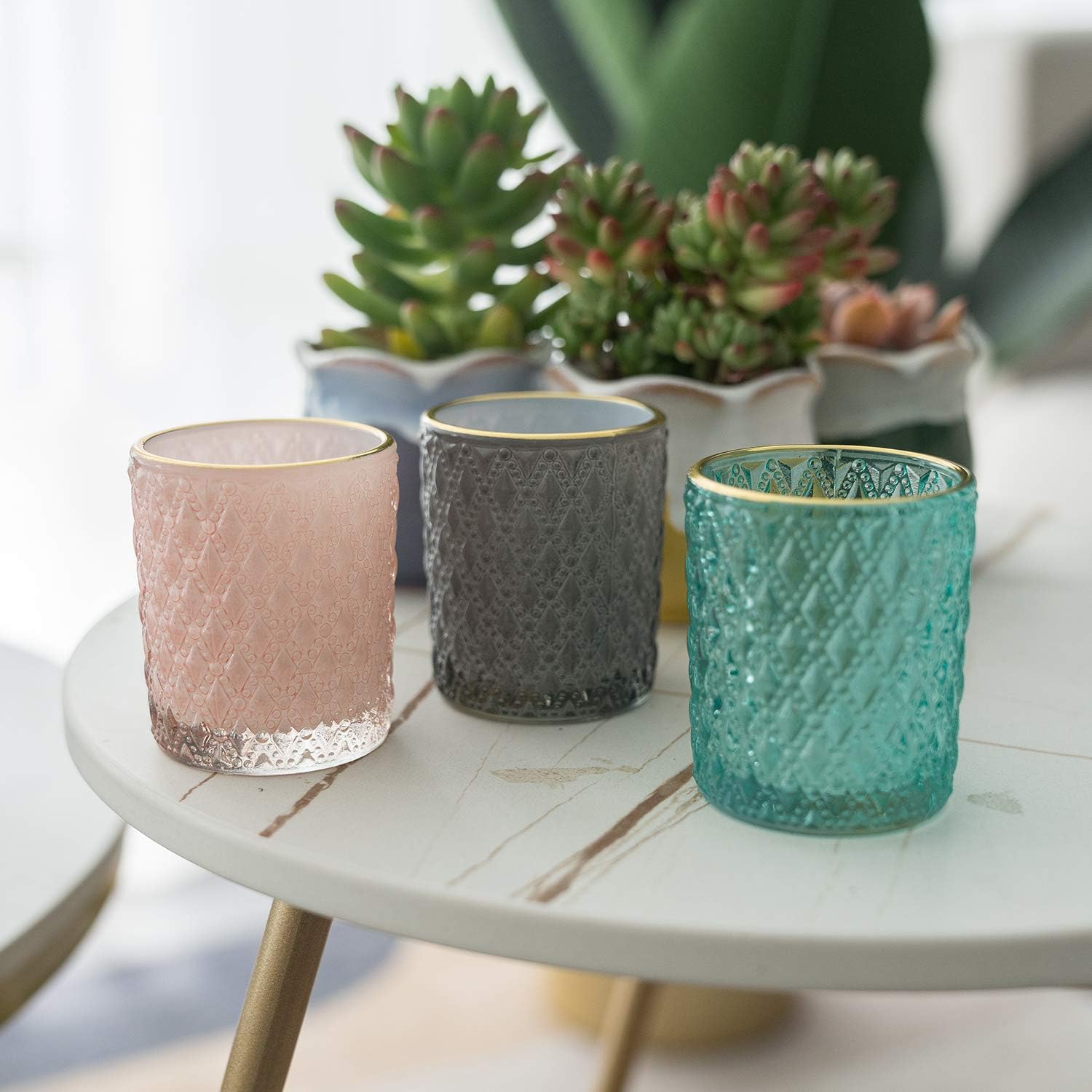 LONGWIN Set of 3 Tea Light Glass Candle Holders with Phnom Penh Relief