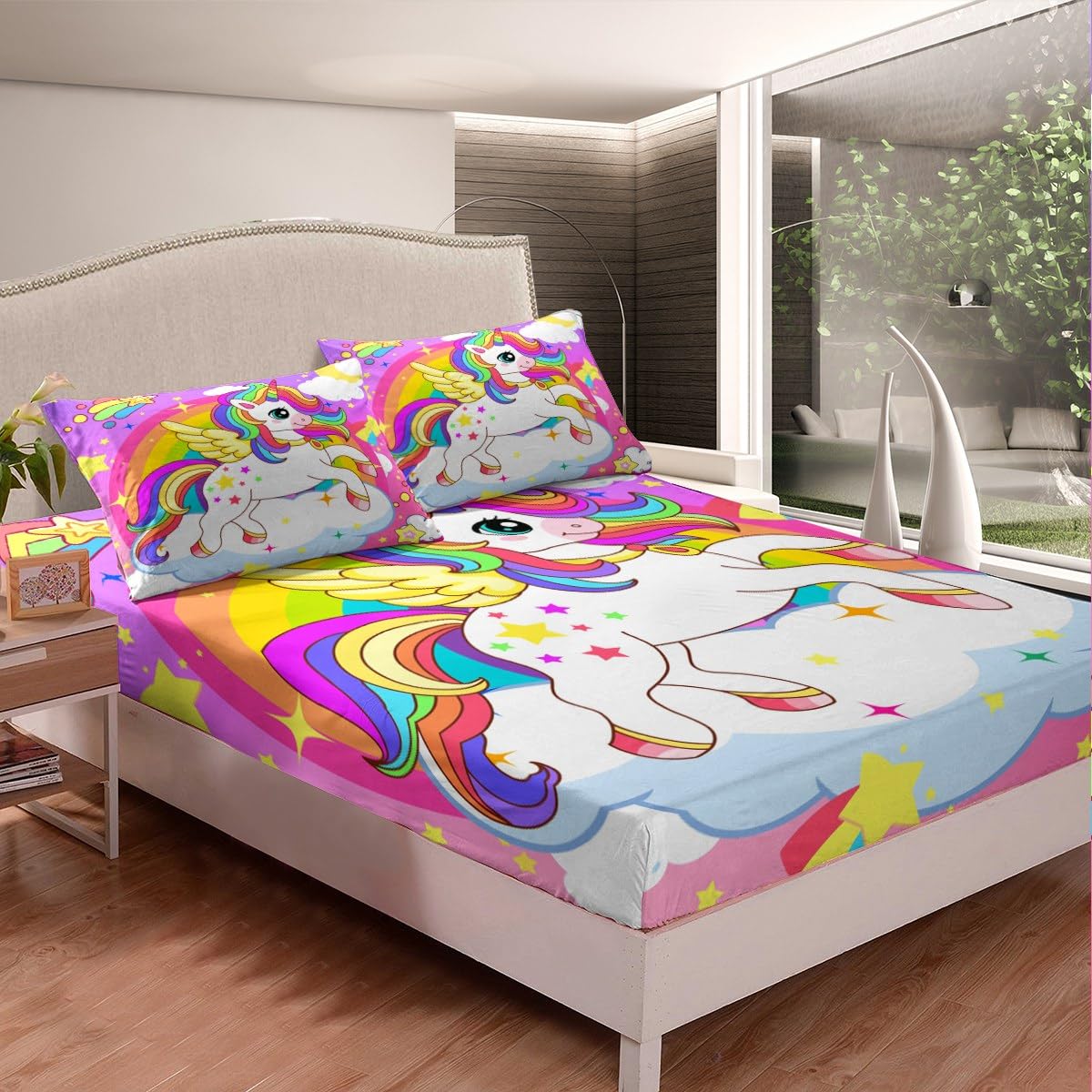 Juego de sábanas de Unicornio para niñas con Bolsillo Profundo, Juego de sábanas de Unicornio Lindo para niñas, Juego de sábanas de Caballo de ensueño para Unicornio mágico Morado, Juego de Cama lige