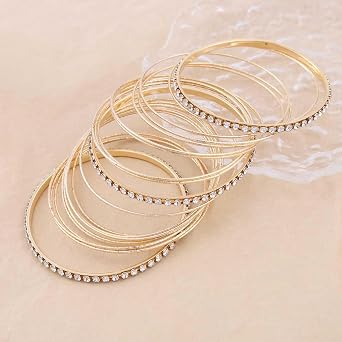 Boho Gold Bangle Bracelets Set Indian Bollywood Multi Bangles Punk Chunky Layered Stacking Textured Rhinestone Bracelets Ethnic Wedding Outfit Bracelets Jewelry for Women and Girls(21Pcs)