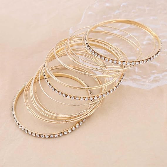 Boho Gold Bangle Bracelets Set Indian Bollywood Multi Bangles Punk Chunky Layered Stacking Textured Rhinestone Bracelets Ethnic Wedding Outfit Bracelets Jewelry for Women and Girls（21Pcs）