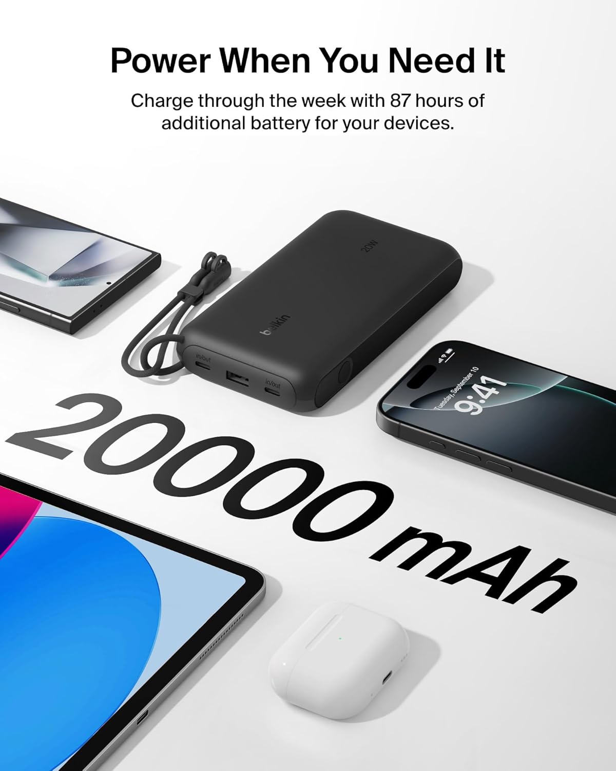 Belkin Portable Charger, USB-C Power Bank 20,000mAh w/ 2X USB-C Ports & 1x A Port, Digital Battery Display, 20W Charging for iPhone 17, Air, Pro, Samsung Galaxy S25, Pixel 10, iPad, & More - Black - Image 4