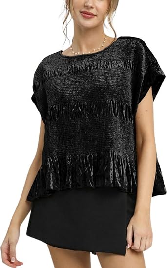 Lentta Womens Velvet Smock Peplum Blouse Crew Neck Short Sleeve Pullover Casual Ruffled Hem Shirt Tops