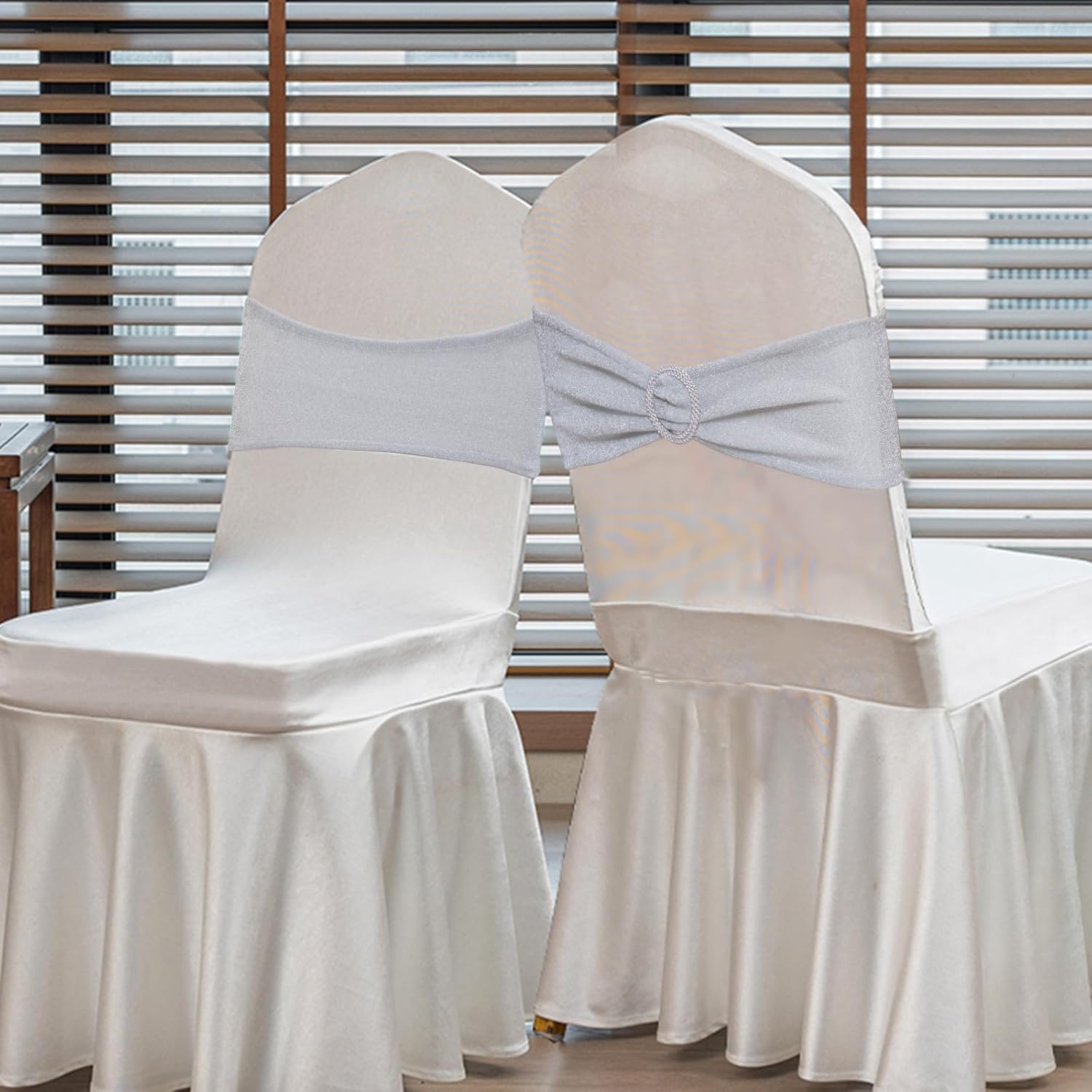 Poise3EHome Tinsel Silver Chair Sashes 50 Pack, Sparkly Stretch Chair Bands with Buckle for Wedding Party Banquet Birthday Decoration