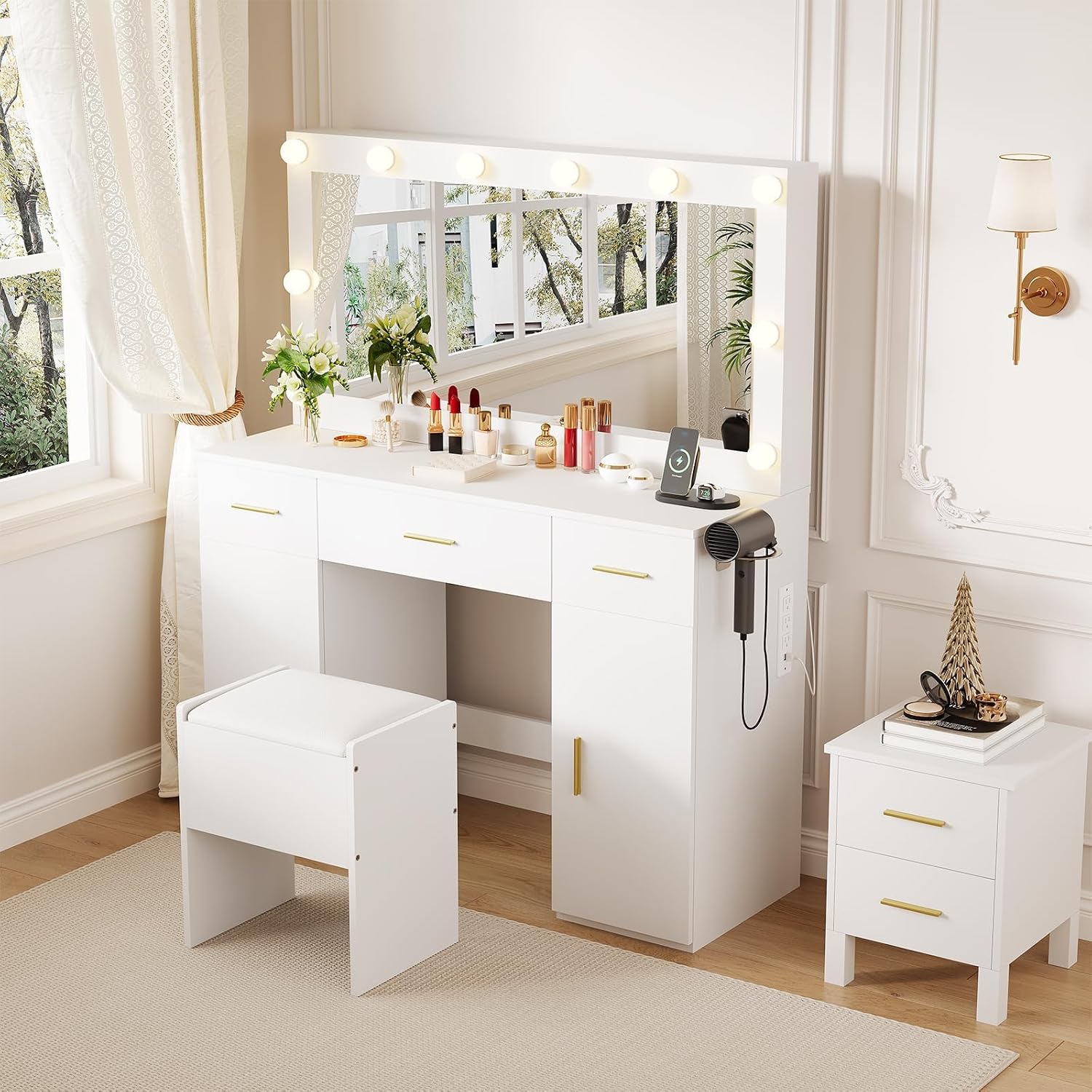 45" Vanity Desk with Large Mirror and Lights, Makeup Vanity Desk with 3 Color Lighting, 3 Drawers, 2 Cabinets, Power Outlets, Hair Dryer Rack, White Dressing Table Set with Hidden Storage Stool