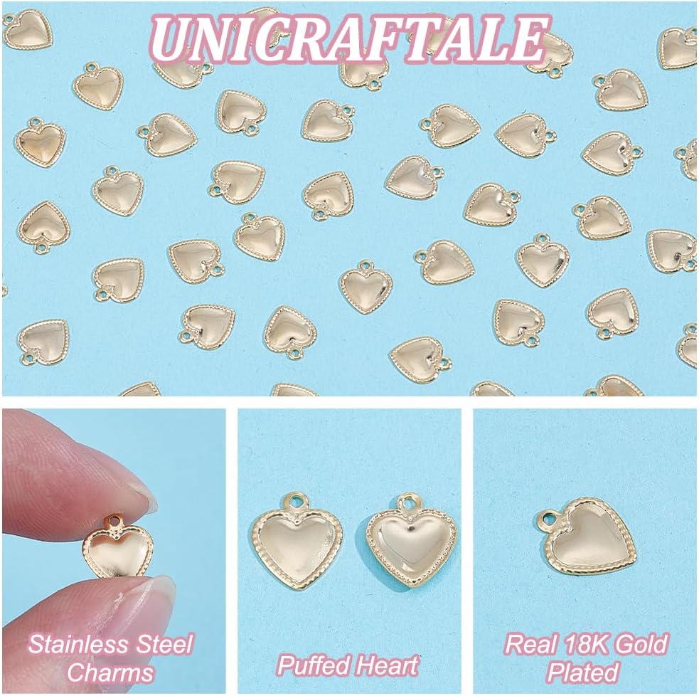 UNICRAFTALE about 200Pcs 18K Gold Plated Heart Charms Puffed Heart Pendants Stainless Steel Charms Dangle Charms Necklace Charms Small Charms for Bracelet Earrings Jewelry Making - Image 4
