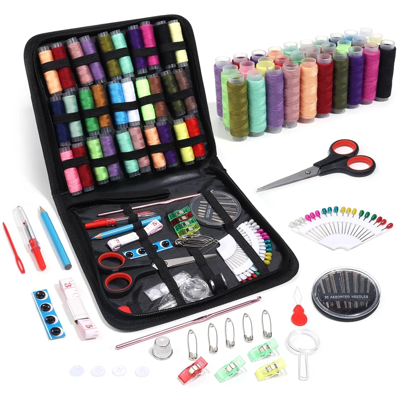 Kit da cucito compatto Kit da cucito completo con fili, aghi, forbici, metro a nastro, bottoni, portatile, viaggio, fai te, ricamo, lavoro manuale, set di strumenti for cucire(112pcs 20X22.5cm)