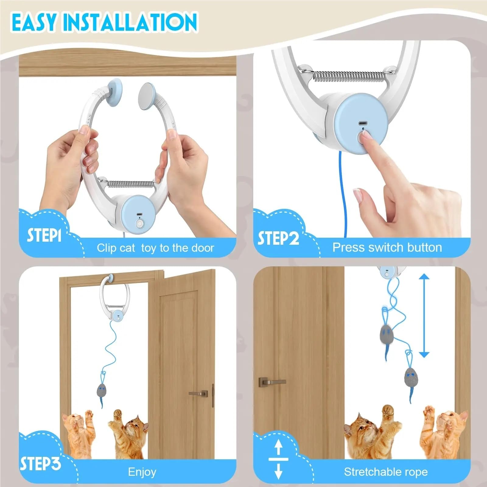 Juguete para gatos de rebote automático para colgar en la puerta, juguete retráctil con 3 ratones de hierba gatera, juguete interactivo para gatos de interior