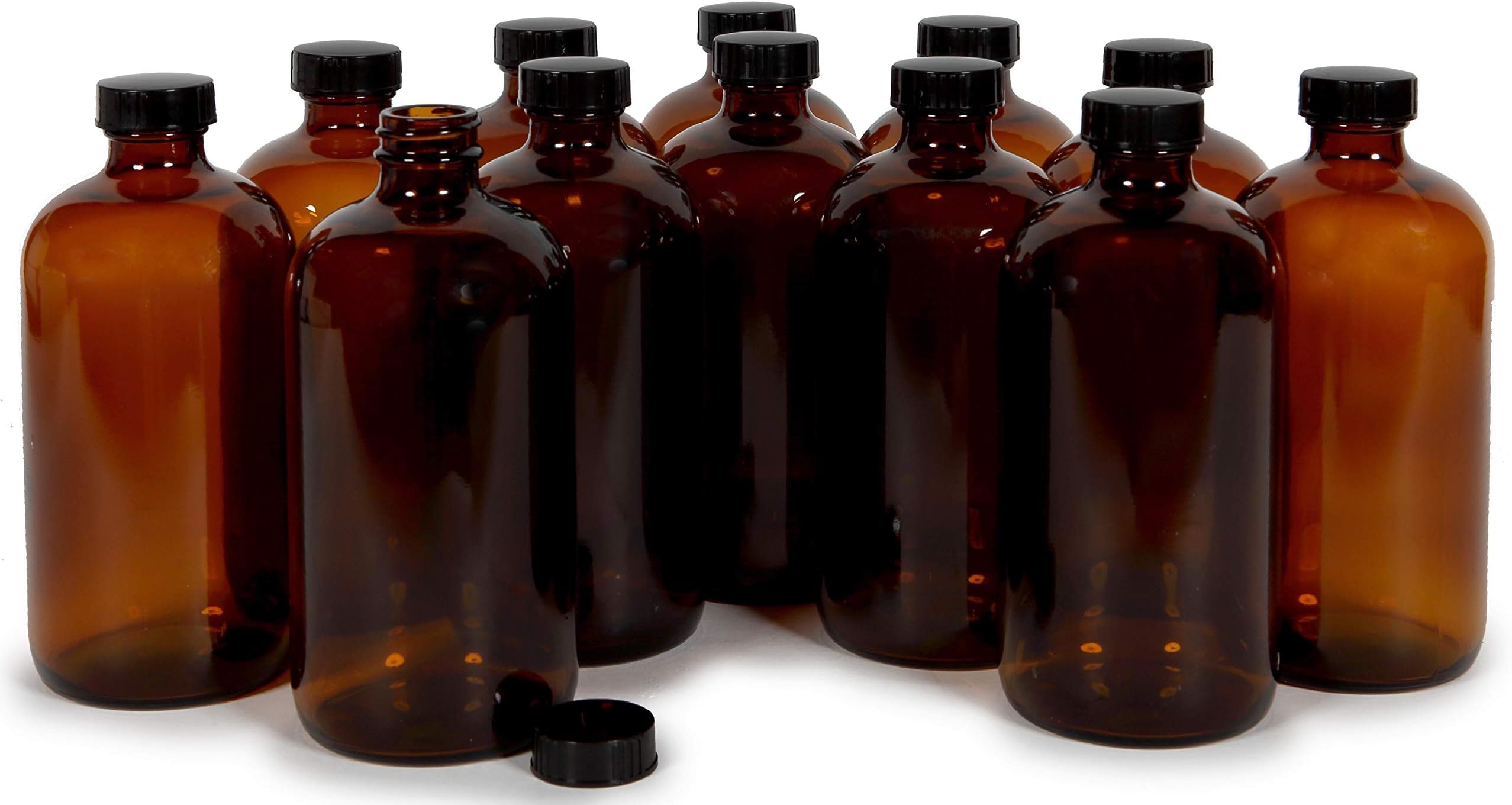 12, Amber, 16 oz Glass Bottles, with Lids