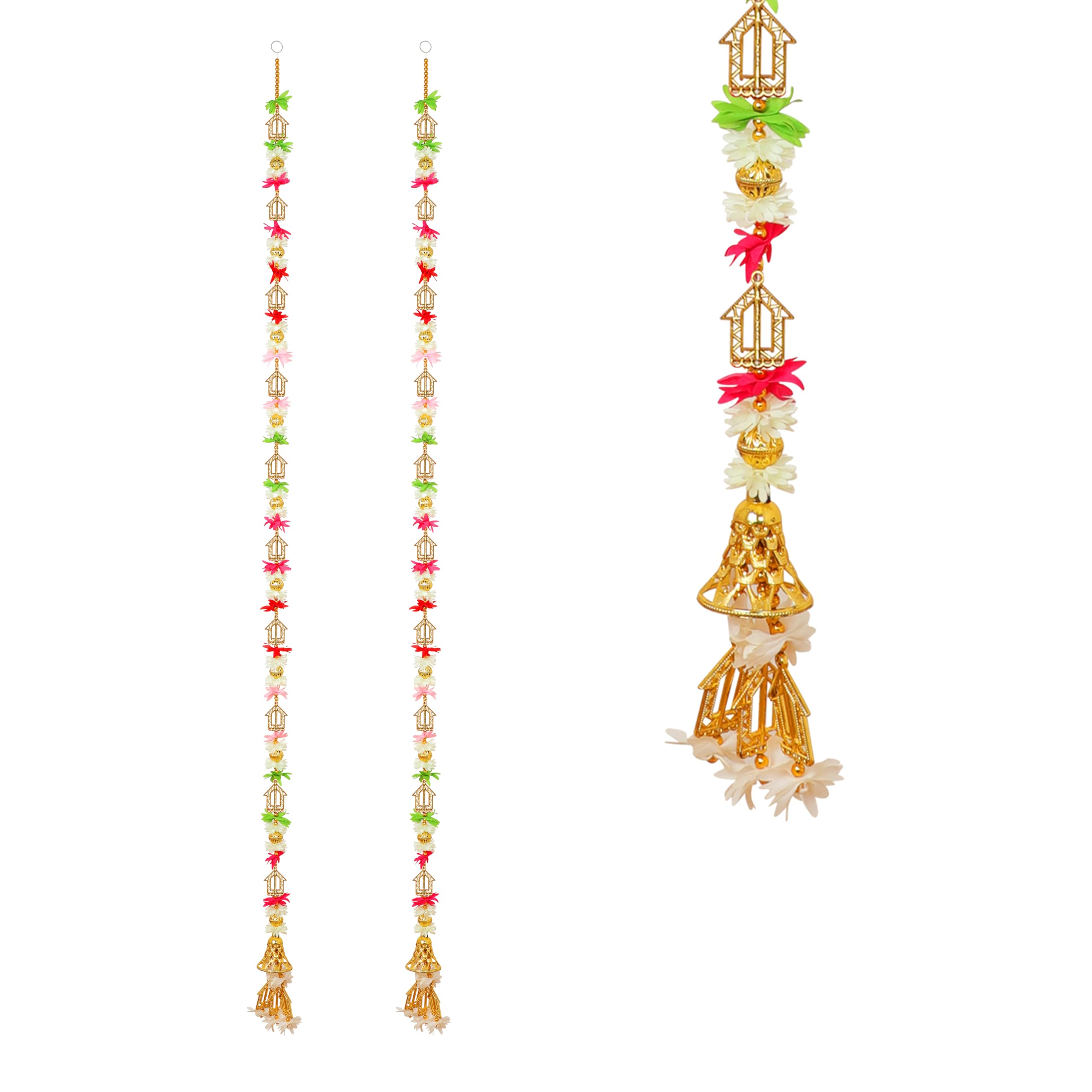 View 1 of ***MISSING ONE***Set of 2 Door Hanging Handcrafted Traditional Floral Toran with Golden Temple Bells Handmade Wall Door for Home Entrance Pooja Room Mandir Wedding Housewarming Indian Traditional Festival (Size:-60")