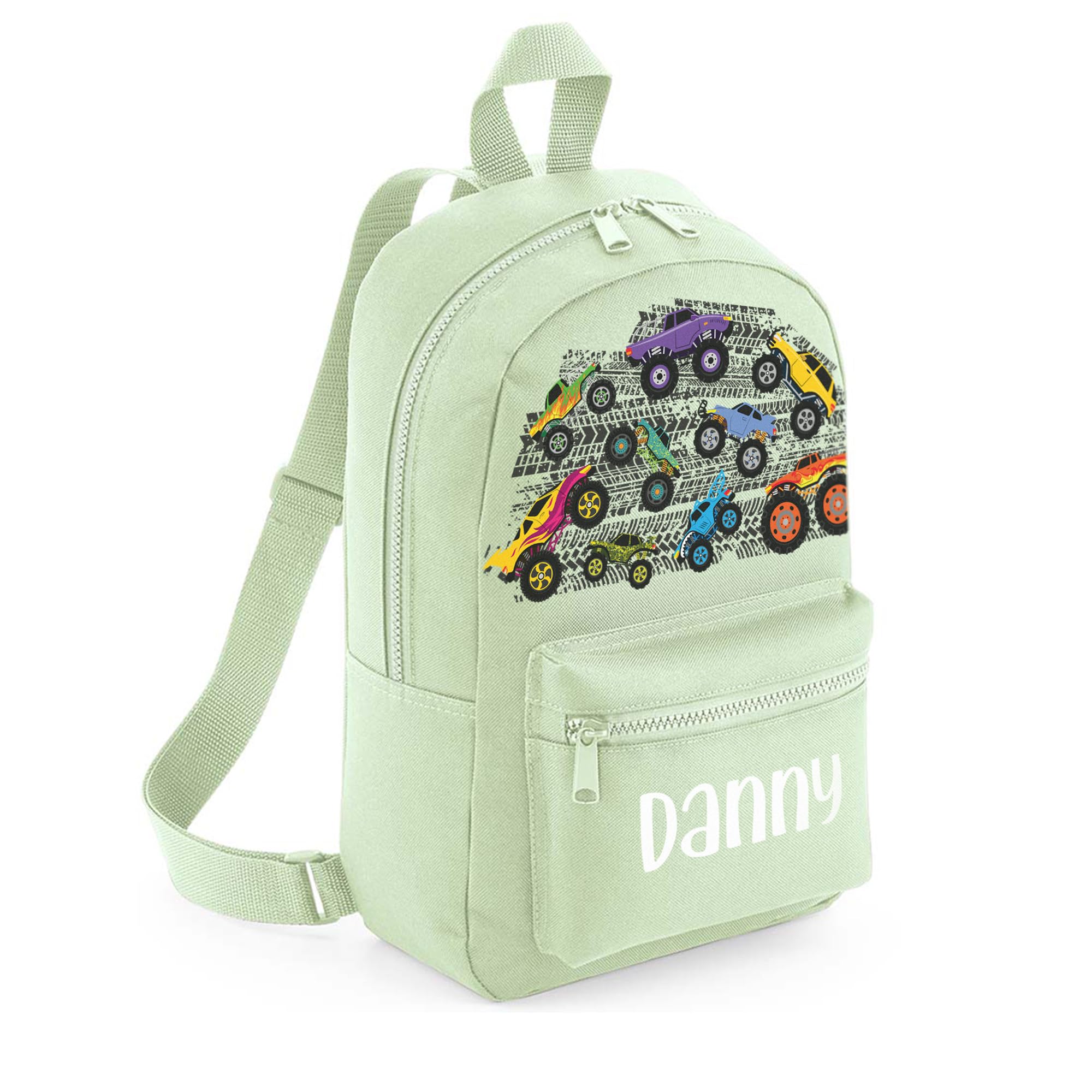 A1 Graphics Ltd Personalised Monster Trucks Kids Backpack Custom with Name Choice of Colours Motocross School Bag with Adjustable Straps For Children & Toddlers (Pistachio)