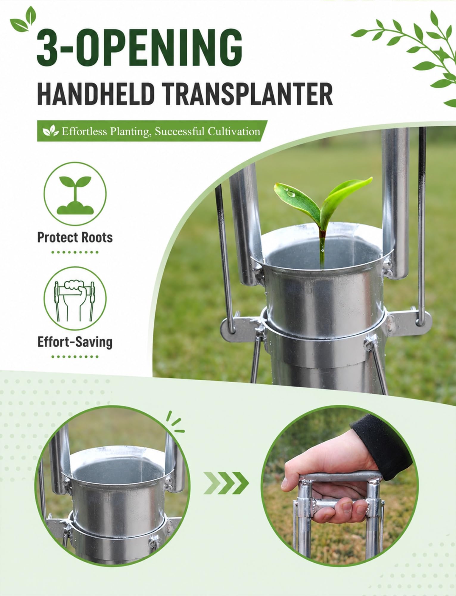 Strumento for piantare bulbi a manico lungo, trapiantatrice for piantine a 3 aperture, creatore manuale di fori da giardino in acciaio inossidabile for letti di verdure(3 in/7.6 cm,7.9 in/20 cm)