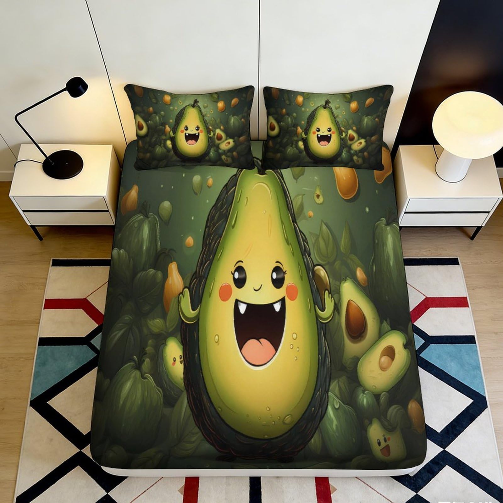 3D Printed Cartoon Avocado Fitted Sheet Microfiber Soft Fun Fruit Bed Cover for Bedroom Dorm Mattress Decor 90x200x25cm