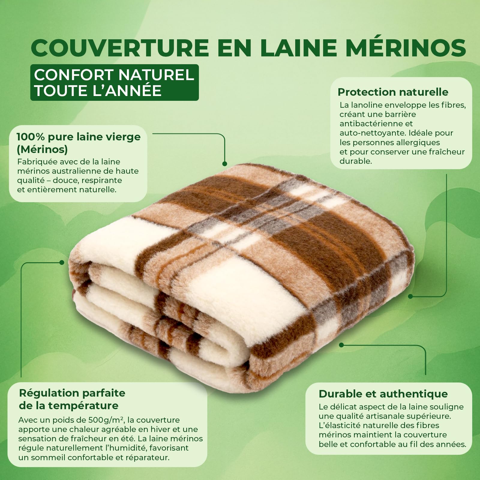 Merino Wolldecke Schurwolle 160x200 cm 100% Merino Schafwolle 500g/m2 Atmungsaktiv