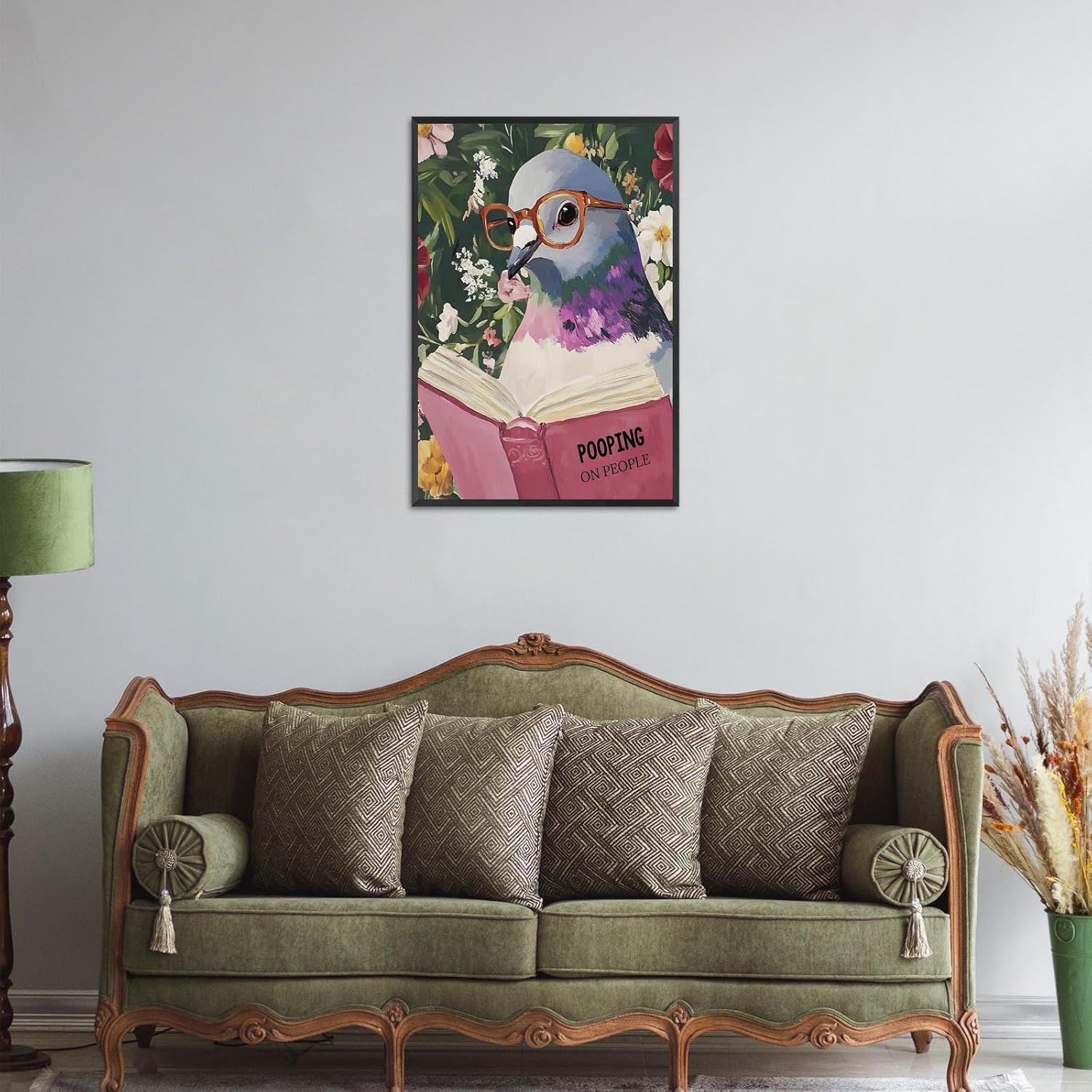 Funny Animal Bathroom Wall Art Comical Bird Pooping On People Canvas Poster Vintage Green Pigeon Books Reading Print Wall Decor For Bathroom Restroom 16X24 in Black Framed Ready To Hang