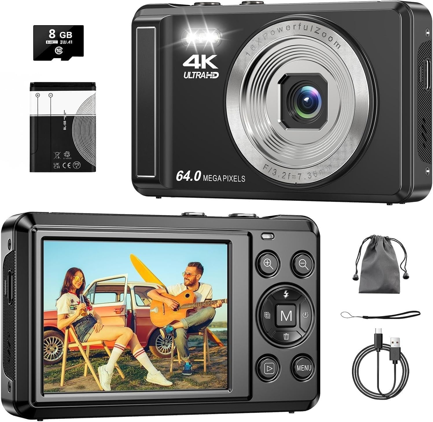 Fotocamera digitale 4K 64 MP, 2,8 pollici, UHD con messa a fuoco automatica | Scheda Micro SD e batteria, zoom digitale 16X, ricaricabile, fotocamere compatte portatili, per principianti e adolescenti