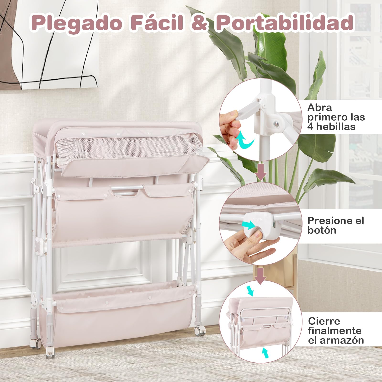 COSTWAY Cambiador Bebé Plegable con Ruedas Bloqueables, Cambiador Portátil Impermeable con 3 Alturas Ajustables, 2 Estantes y Bote de Basura, Cesta de Almacenamiento (Beige)
