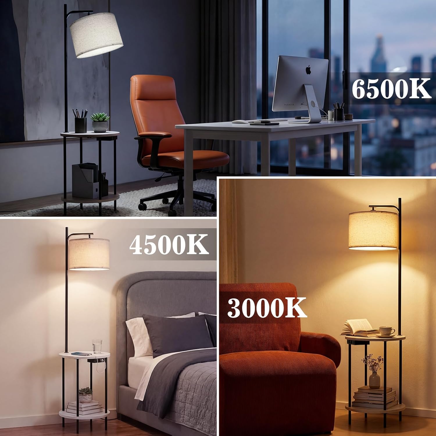 ONEWISH Modern Floor Lamp with Table, Charging Station (USB/Type-C/AC Port), 3 Temperatures, 9W Blub, Round End Table for Bedroom & Living Room (White)
