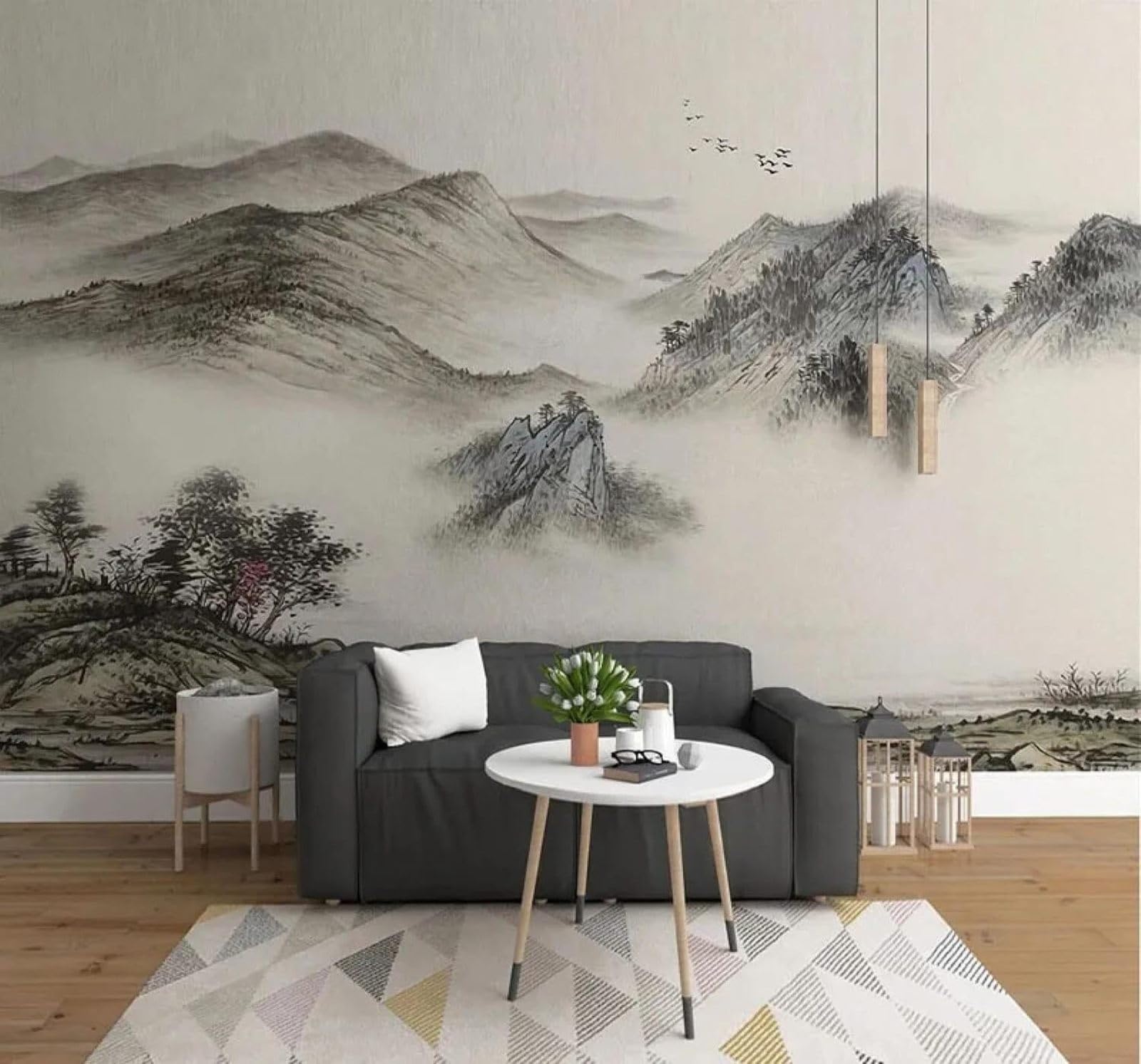 XLMING Abstract Hand Drawn Ink Landscape Scenery 3D Wallpaper Luxury Silk Study Dining Feature Sofa Grey Bedroom Living Room Tv Decorative Wall-350cm×256cm