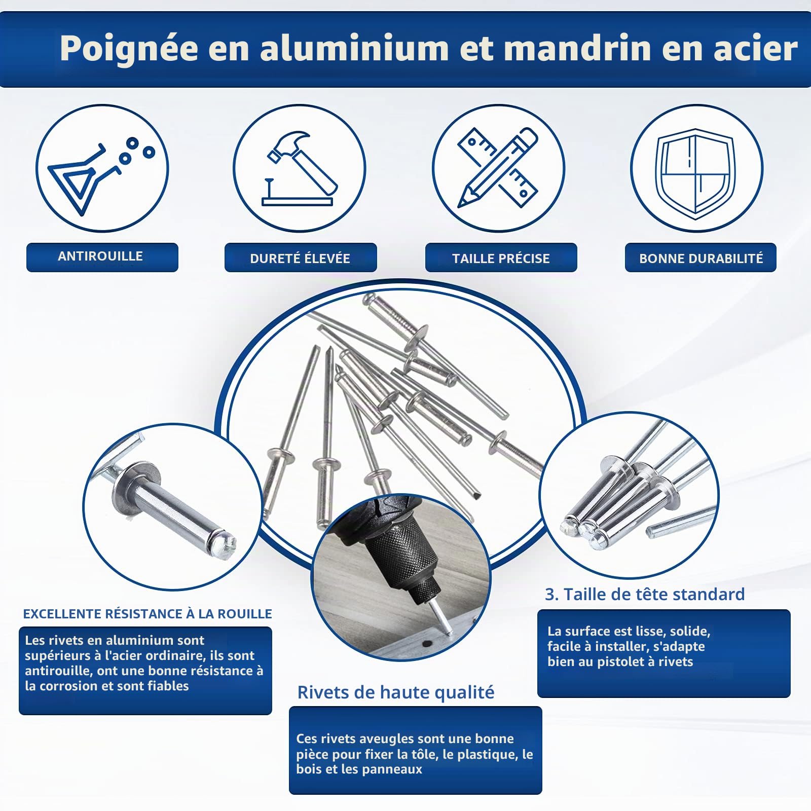 CCLIFE 1000 Pièces Boite de rivet pop，Rivets aveugles aluminium Ø2.4mm-3.2mm-4mm-4.8mm
