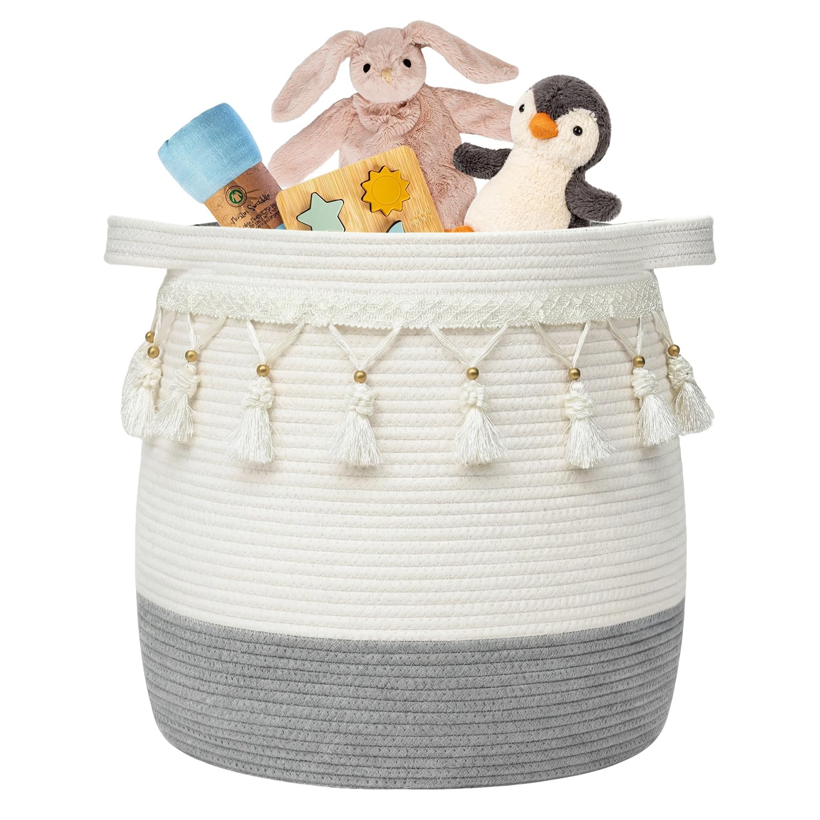 Großer gewebter Aufbewahrungskorb, Spielzeug Aufbewahrungskorb, Baumwollseilkorb, Wäsche- und Decken-Organizer, gewebter Wäschekorb für Wohnzimmer, Schlafzimmer, Kinderzimmer, D45 x H43 cm - Grau +