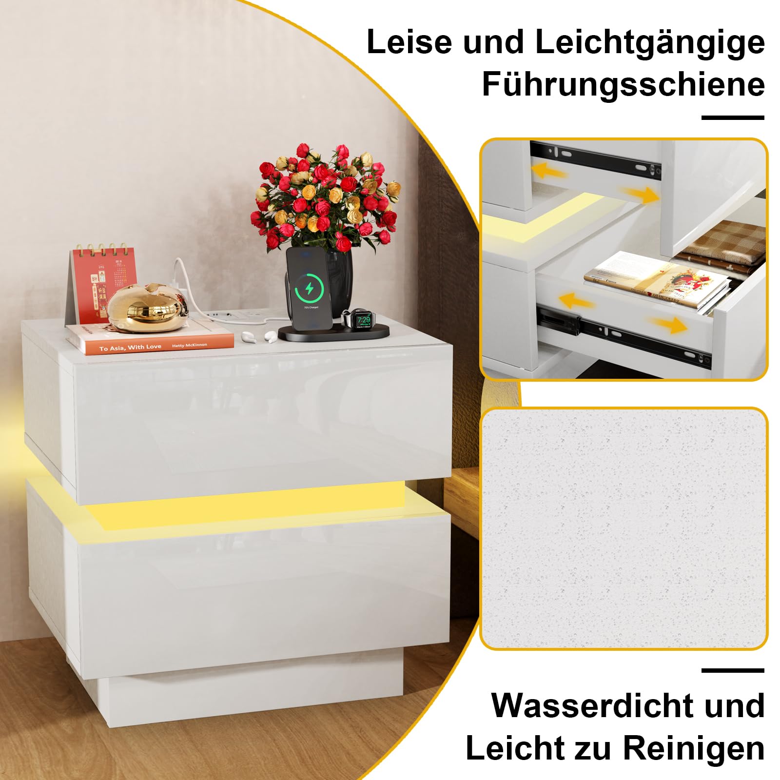 Nachttisch led Weiß, Nachttisch mit Steckdose, Nachtschrank mit 2 Schubladen, Beistelltisch mit Verstellbarer LED Beleuchtung, Nachtkommode,für Schlafzimmer, Wohnzimmer 45x35x46cm