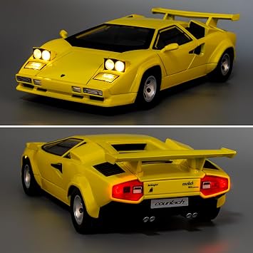1:24 Lamborghini Countach Diecast Supercar Model, Pull Back Toy Car with Realistic Sound & Light Effects, Alloy Collectible Vehicle Gifts for Kids 3& Adult Collectors, Yellow