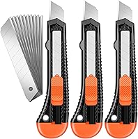 JOYUMY 3-Pack Retractable Utility Knife Box Cutter with 10 Razor-Sharp 18mm Snap-Off Blades - Compact for Cartons, Cardboard, Office & Home