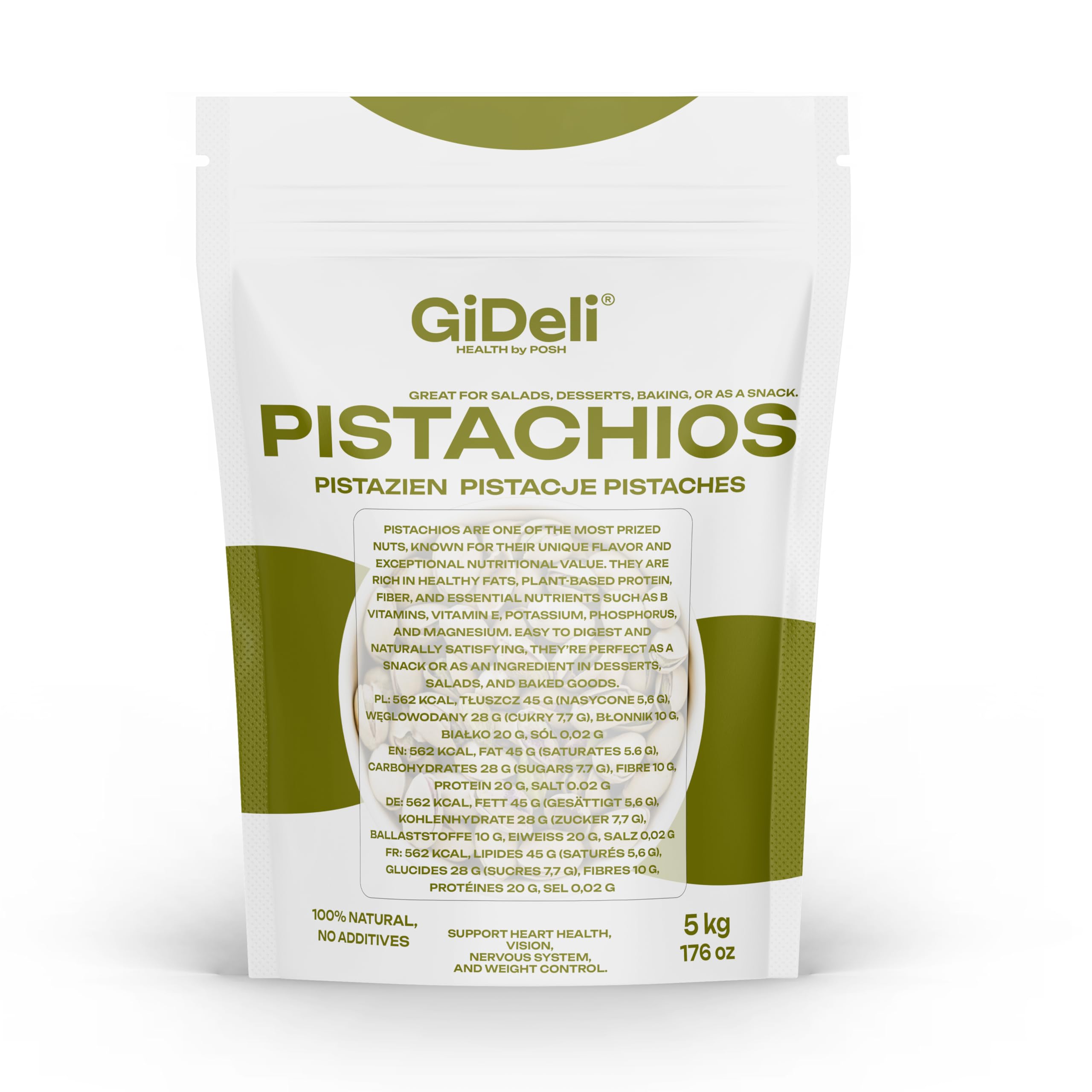 GiDeli Pistazien 5kg - Geröstet und Gesalzen - Nüsse mit Schale als Gesunde Snacks für Partys - Ideale zum Backen, Gerichte, Creme und Desserts