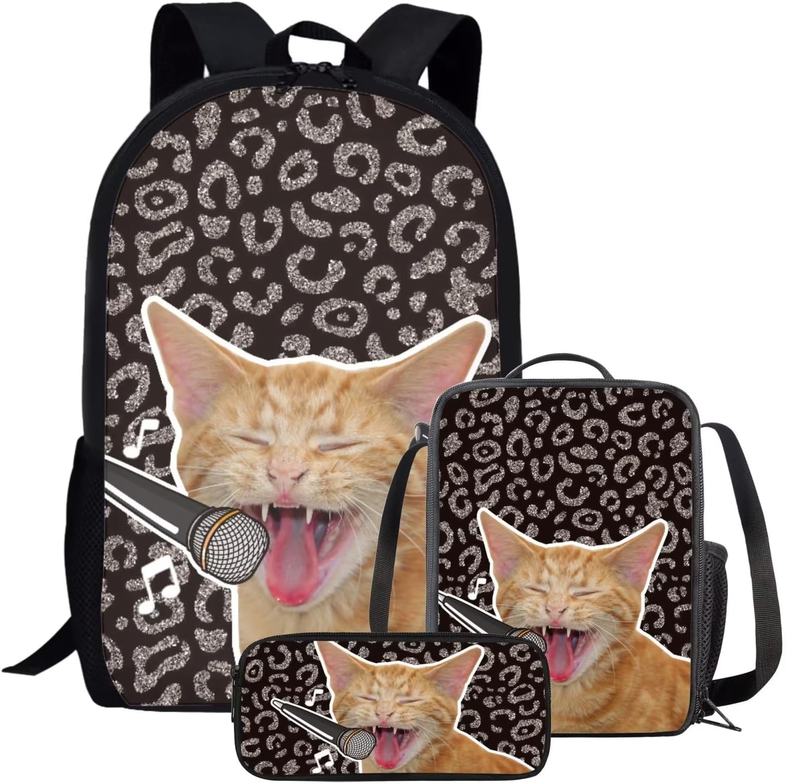 Funny Singing Cat Print Backpack for School Girls Student Durable Lightweight Comfy Padded Personalized Cute Black Backpack with Lunch Box Pencil Case Kids Teen Girls Daily Outing 17 Inch Book Bag